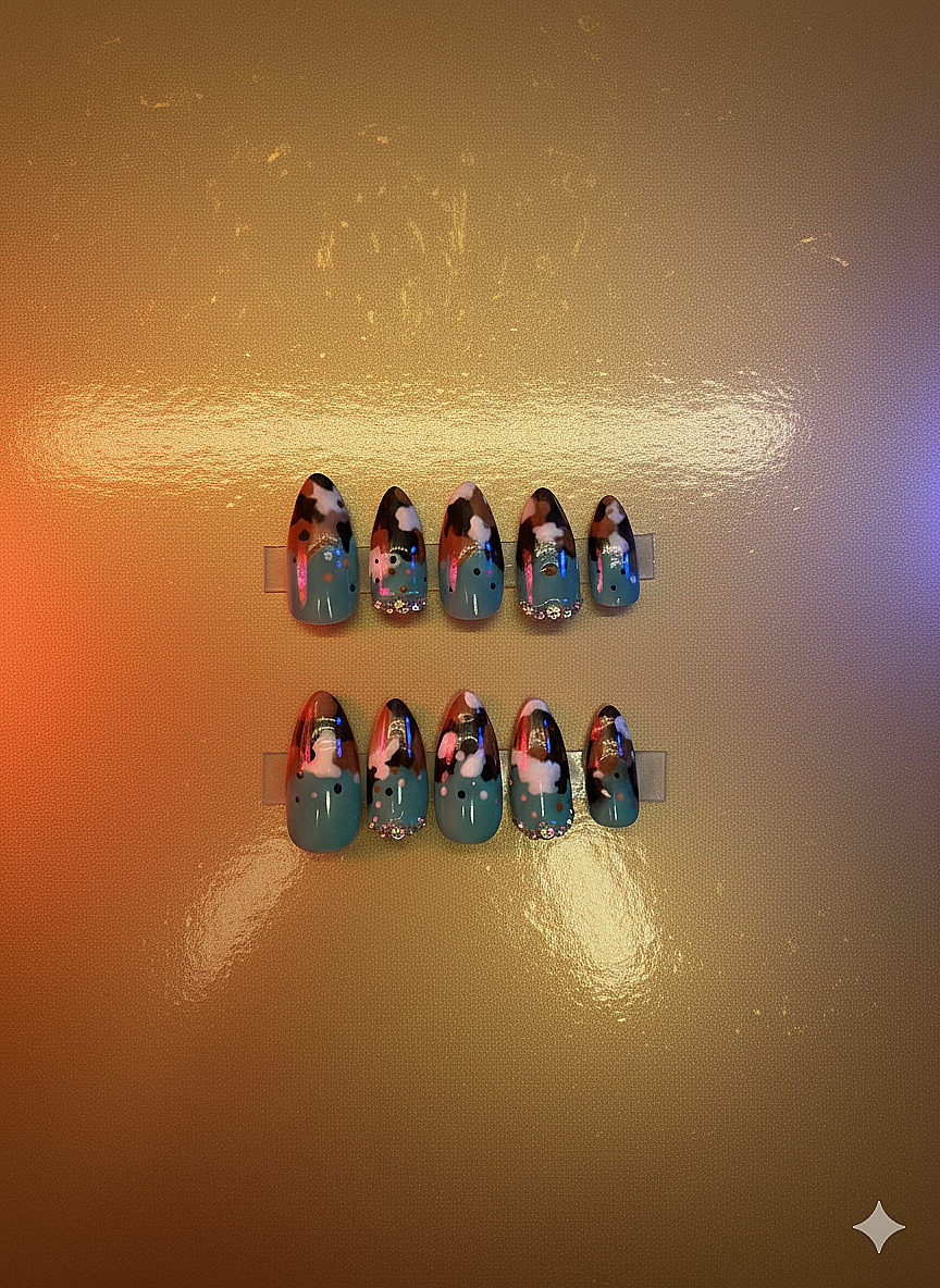 Hand Painted Press-On Nails Medium Almond Cow Print