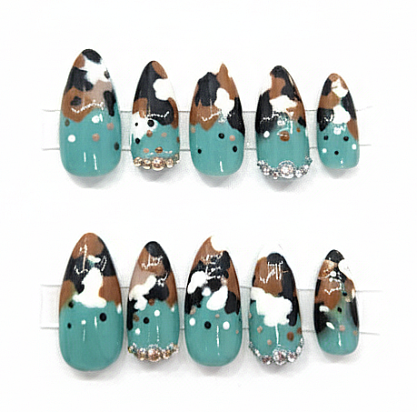 Hand Painted Press-On Nails Medium Almond Cow Print