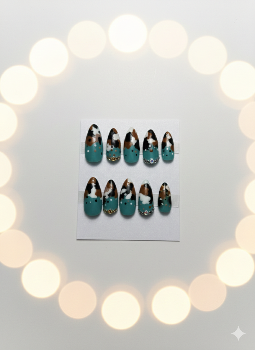 Hand Painted Press-On Nails Medium Almond Cow Print