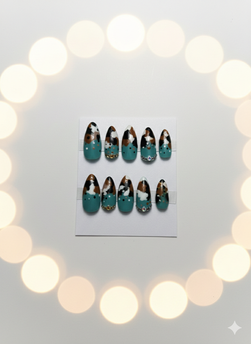 Hand Painted Press-On Nails Medium Almond Cow Print