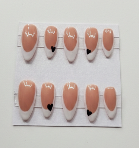 Hand Painted Press-On Nails Long White French Tip with Black Heart