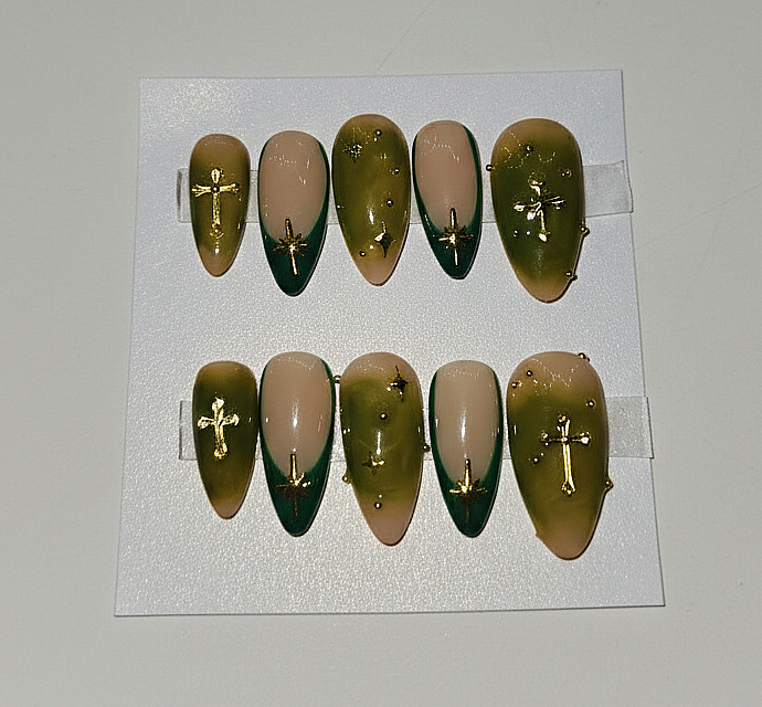 Hand Painted Press-On Nails Medium Almond, Green Aura