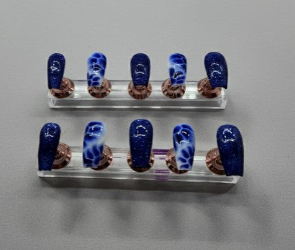 Hand Painted Press-On Nails Medium Blue Tie-Dye