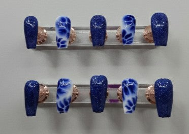 Hand Painted Press-On Nails Medium Blue Tie-Dye