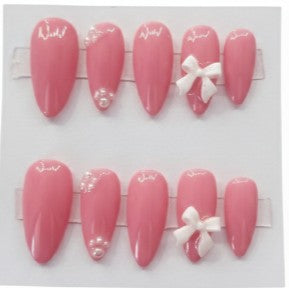 Hand Painted Press-On Nails Medium Almond with bow
